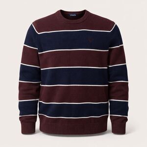 Chaps Crest Logo Knit Sweater Striped Preppy Collegiate Pullover Burgundy Navy L